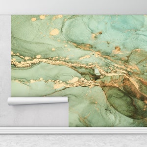 Wall Paper Peel and Stick, Bright Wall Paper, Green And Gold Marble, Contemporary Wall Poster, Paper Wall Art, Alcohol Ink Wall Mural,
