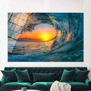 Ocean Wall Decor,Glass Art Gift,Surfer Wave Glass,Sunset Glass Art,Glass Custom For Art,Tempered Glass,Wave Wall Decor, image 4