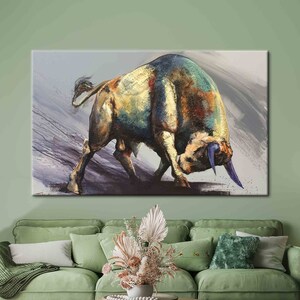 Impresión de pintura de toros, lienzo contemporáneo, estampado de animales, estampado de animales abstractos, regalo de amante de los toros impreso, cartel de toros, lienzo de loft,