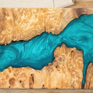 Epoxy River Glass Cutting Board | Blue Resin and Wood Art Design Glass  | Unique Tempered Glass Chopping Board | Kitchen Gift Idea