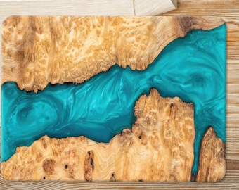 Epoxy River Glass Cutting Board | Blue Resin and Wood Art Design Glass  | Unique Tempered Glass Chopping Board | Kitchen Gift Idea