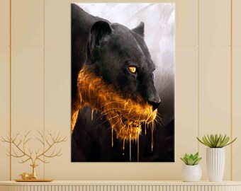 Black Panther Canvas Wall Art, Modern Jungle Cat Poster, Golden Wild Animal Print for Home Decor Big Cat Artwork, Panther Wall Decor,