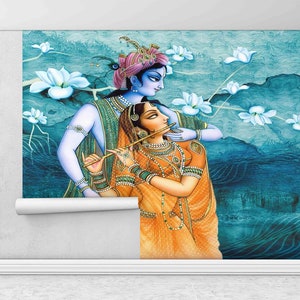 Reproduktion Wandbild, Hindu Geschenk Wandbild, 3D Wandpapier, Radha Krishna Hindu Paar Papierkunst, Hindu Wandposter, Muster und Anleitungen,