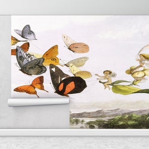May include: A whimsical illustration of fairies flying on butterflies and leaves. The fairies are dressed in white and have long flowing hair. The butterflies are colorful and have intricate patterns. The background is a light blue sky with clouds.