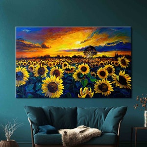 Sunflower Field Painting, Sunflower Field Canvas Art, Oil Painting Print, Sunflower Artwork, Nature Landscape Poster, Landscape Canvas Art,