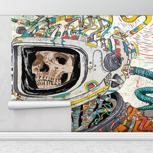 Poster da parete teschio, carta da parati astronauta morta, carta da parati astratta, pittura murale teschio astronauta, murale moderno,
