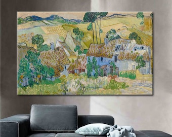 Granjas cerca de Auvers, impresión de pintura al óleo, reproducción impresa, obra de arte famosa, póster de paisaje de pueblo de Van Gogh, lienzo de Van Gogh,