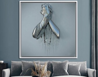 3d Effect Trendy Wall Art, Abstract Canvas Art, 3d Silver Metallic Wall Art, Metallic Hand Art Canvas, Modern Canvas Art,