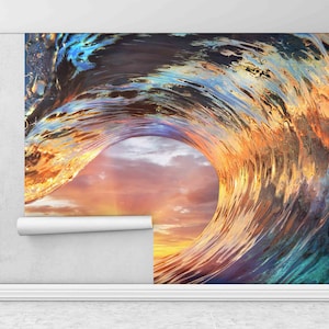 Ver decoração de parede, adesivos de parede com crista, mural de paisagem marinha, impressão de parede em forma de crista com luz do pôr do sol em ondas, papel de parede personalizado