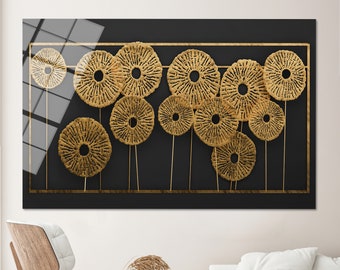 May include: Abstract wall art featuring a black background with gold metallic circles arranged in a cluster. The circles have a textured, organic design.