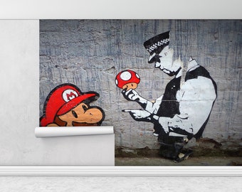 Super Mario Banksy Wall Art, Painting Wallpaper, Abstract Wall Decor, Mario Graffiti Mural, Graffiti Wall Mural, Banksy Wall Mural,