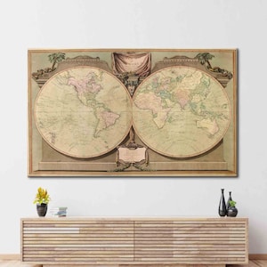 Una nuova mappa del mondo, opera d'arte mappa del mondo antico, decorazione della parete della mappa, tela della mappa vecchia, arte della parete della scuola, tela della mappa del mondo dell'annata,