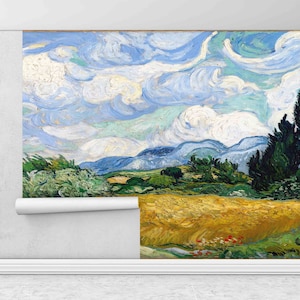 Van Gogh Wall Stickers, Landscape Paper Craft, Wheat Field with Cypresses Wallpaper, Reproduction Wall Stickers, Gift For House,Van Gogh Art