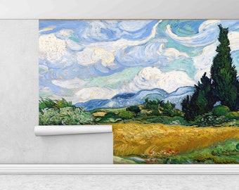Van Gogh Wall Stickers, Landscape Paper Craft, Wheat Field with Cypresses Wallpaper, Reproduction Wall Stickers, Gift For House,Van Gogh Art