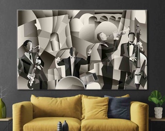 Paris Jazz Cafe, Jazz Music Printed, Jazz Band Cubist Style Art Canvas, Cubist Art Canvas, Music Room Artwork, Music Poster,