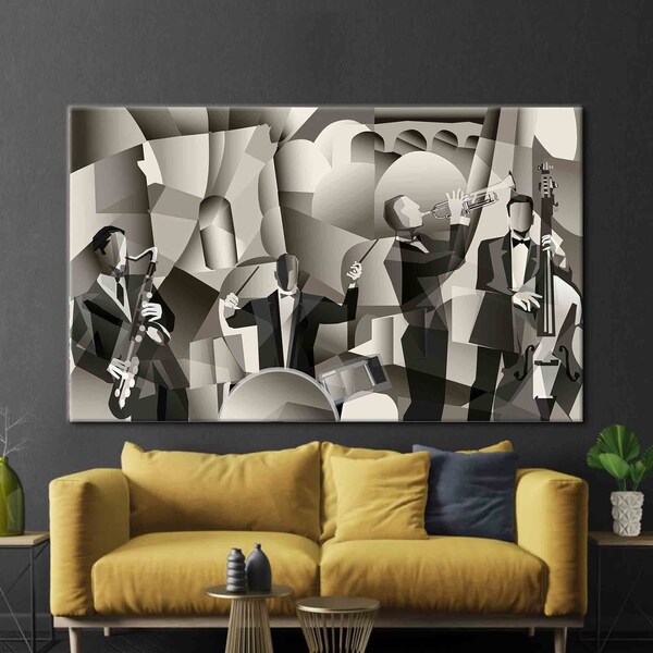 Paris Jazz Cafe, Jazz Musik gedruckt, Jazz Band kubistische Art Leinwand, kubistische Kunst Leinwand, Musik Zimmer Kunstwerk, Musik Poster,