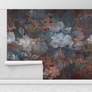 Papel de pared Peel and Stick, pintura de flores vintage, papel de pared 3d, papel de pared brillante, mural marrón, pintura de pared vintage,