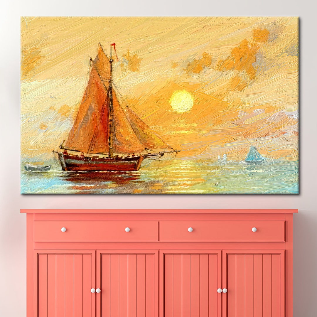 Fishing Boats Paiting, Fishing Boats Art Canvas, Abstract Sea Poster
