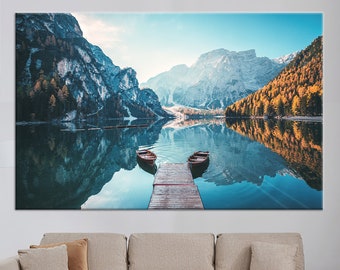 Canvas Gift, Custom Wall Hanging, Boats on the Braies Lake in Dolomites Mountains, Gift for Her, Landscape Canvas Art,