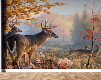 Deer Wall Decals, Forest Wall Decor, Deer Family in Forest Wallpaper, Animal Wall Poster, Stick On Wallpaper Art Deco, Gift For Her,