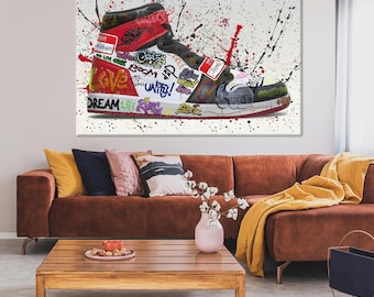 Arte mural enmarcado, lienzo de regalo con grafiti de zapatos, arte mural de zapatillas con estilo, lienzo personalizado, arte mural en lienzo, póster de zapatillas, decoración mural en lienzo