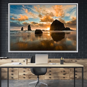 Sunshine Canvas Art, Haystack Rock Canvas, Beautiful Sky Wall Art, Cannon Beach Artwork, Pasific Coast Wall Art, Pacific Ocean Wall Decor,