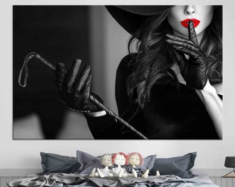 Appeso a parete personalizzato, tela, tela di bella donna sexy, pittura su tela, donna dominante, donna con opere d'arte labbra rosse, opere d'arte mature
