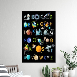 Arte de pared 3D, arte de pared del alfabeto educativo, arte de pared enmarcado, arte de pared de decoración del hogar, decoración de pared para niños, decoración de lienzo del alfabeto espacial,