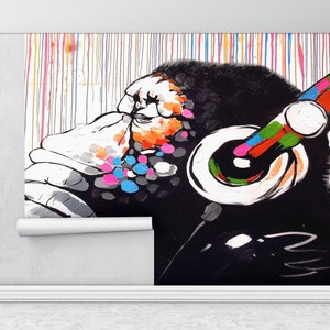 Banksy Thinking Monkey, Street Wall Art, Monkey Wallpaper, Dj Monkey Wall Painting, Painting Wallpaper, Animal Wall Painting,