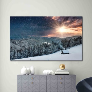 Arte de paisaje nevado, arte de lienzo de paisaje invernal, lienzo de montaña, lienzo de paisaje, paisaje de naturaleza impreso, lienzo de invierno,