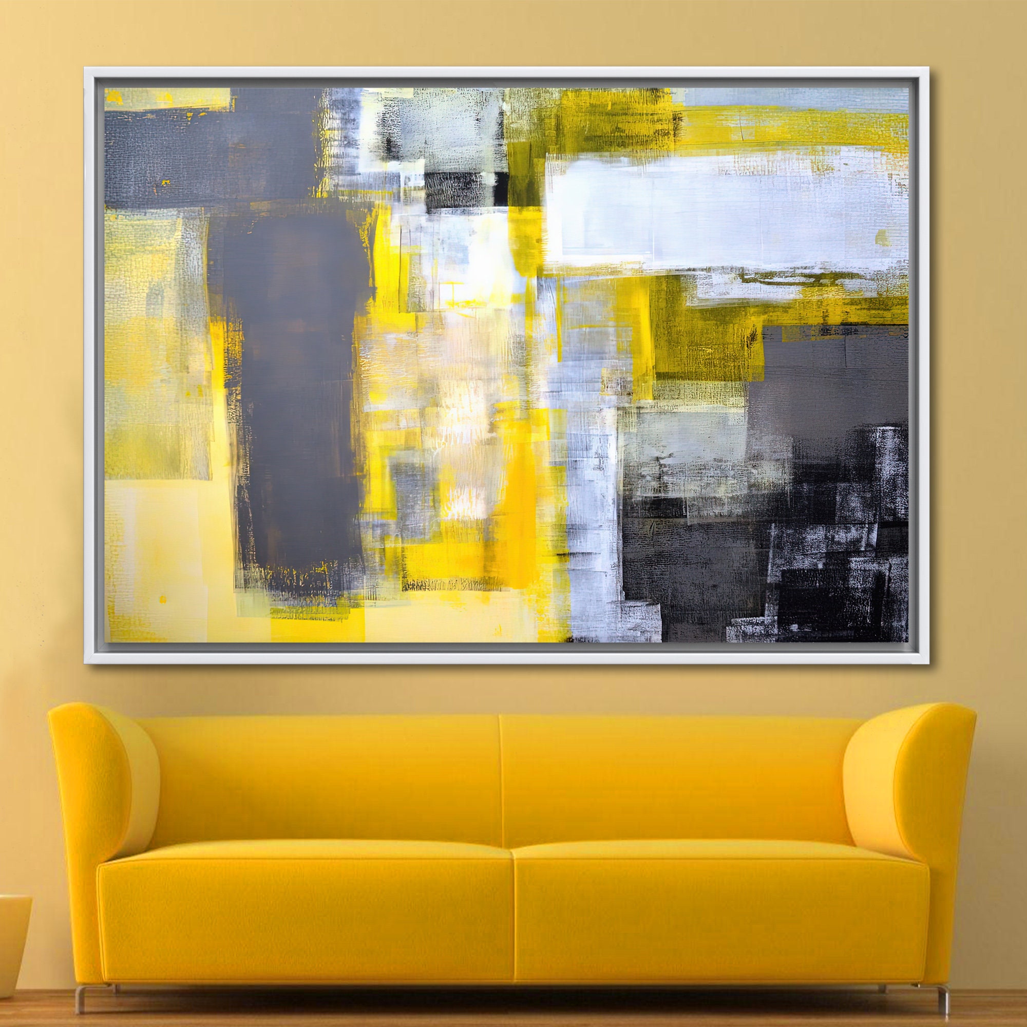 Yellow and Gray Painting Trendy Art Minimal Canvas Modern Etsy