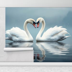 Zwei Schwäne Wandpapier, Tier Wandaufkleber, Schwäne Verliebte Wandkunst, Liebe Wandbild, Selbstklebendes Papier, Papierwandkunst,