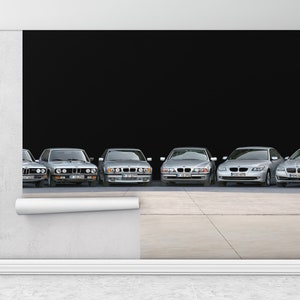 Arte mural de BMW Serie 5, pintura mural sobre la historia del coche BMW, impresión mural de BMW, decoración de pared del coche BMW Serie 5, mural de garaje.