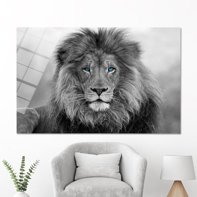 Glas Wand Dekor, Wildtier Wand-Dekor, wilde Löwe Glas Wand Kunst, Wand-Dekor, Blue Eyed Lion Wand Kunst, Wanddekoration, Tier Glas Wand Kunst, Bild 4