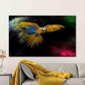 Arte de pared colorido, arte de lienzo de pájaro volador, arte de pájaro colorido, cartel de loro colorido, decoración de pared de loro, decoración de pared de loro amarillo,
