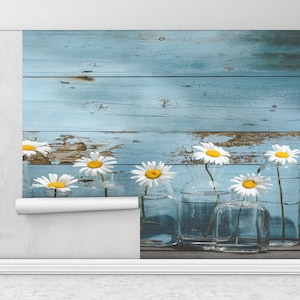 Fiore margherita in bottiglie di vetro, carta da parati buccia e bastone, carta da parati moderna, fiore murale, carta da parati personalizzata, foto murale margherita,