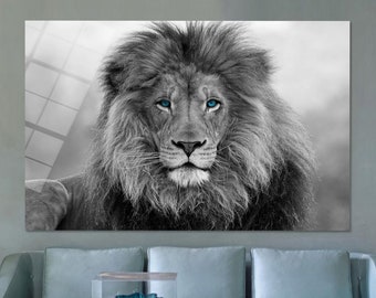 Blue Eyed Lion Wandkunst, Glasdruck, Loft-Wand-Dekor, Glasdruck, Wildtier-Glasdruck, Kunst-Geschenk, Löwe-Wand-Kunst,