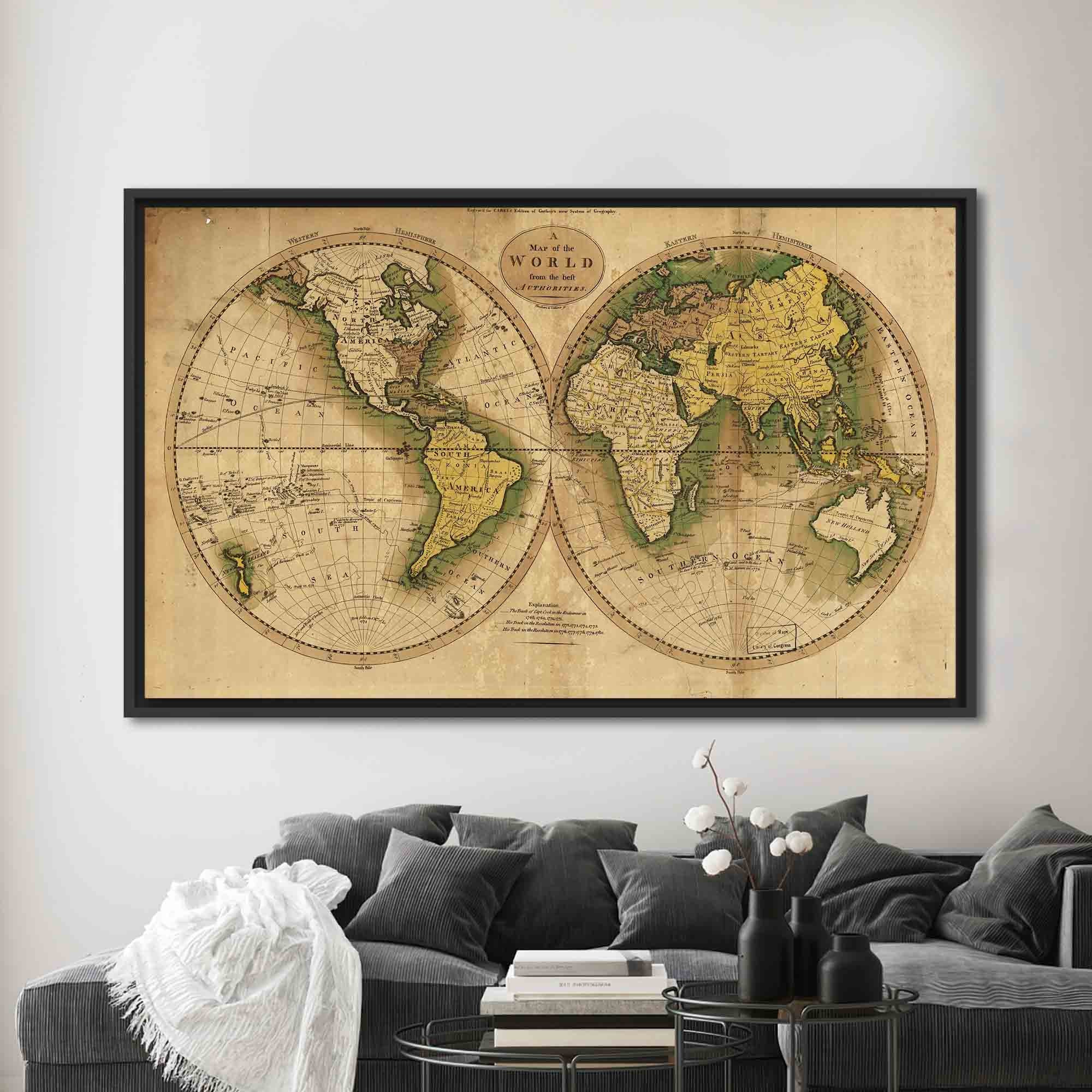 World Map Canvas Decor Large World Map Wall Art Vintage Map Etsy
