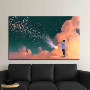 Niño con linterna, arte de pared contemporáneo, lienzo abstracto, impreso moderno, arte de paisaje nocturno, cartel de cielo abstracto, lienzo de cielo estrellado,