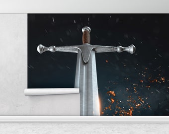 May include: A silver sword with a wooden handle is partially unrolled from a white wall. The sword is against a dark blue background with sparks flying around it.