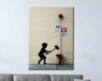 Banksy Boy With Hammer, Painting Printed, Street Art Canvas, Graffiti Canvas Art, Banksy Art, Banksy Hammer Canvas Art,