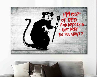 Banksy Out of Bed Ratte gedruckt, Banksy Ratte Wandkunst, Lustige Graffiti Leinwand, Urban Street Art Dekor für Zuhause