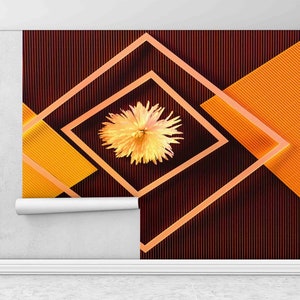 Floral Mural, Flower in Middle Background Paper Art, Orange Wall Print, Layered Paper Art, Geometric Wallpaper, 3D Wall Decor,
