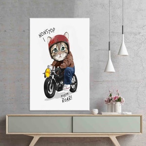 Large Wall Art, Painting on Canvas, Home Decor Wall Art, Cat Lover Gift Art, Cat And Motorcycle Wall Decor, Abstract Cat Art Canvas,