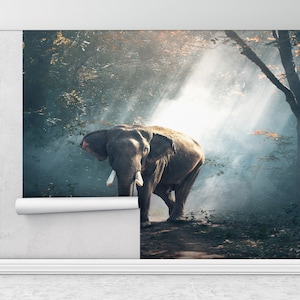 Decoración de la pared de la naturaleza, mural de la pared del elefante, mural de la pared del paisaje del bosque, impresión de la pared del paisaje de la selva, arte de la pared del elefante salvaje,