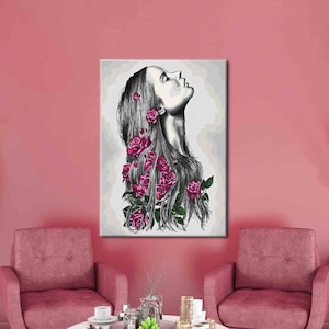 Frau Zeichnung, Mädchen Zeichnung Kunst, Leinwand für zeitgenössische Kunst, Abstrakte Frau Poster, Frau Portrait Kunstwerk, Blumen Zeichnung Wandkunst,
