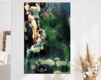 May include: A painting depicting a group of figures in a green and blue landscape. The figures are nude and appear to be dancing or swimming. The background is a swirling mix of green, blue, and white.