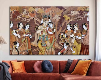 Radha Krishna, Deuses Hindus, Arte de Parede com a Mulher Radha Krishna, Krishna com Gopis, Arte Tradicional Indiana, Decoração de Parede Mitológica Colorida