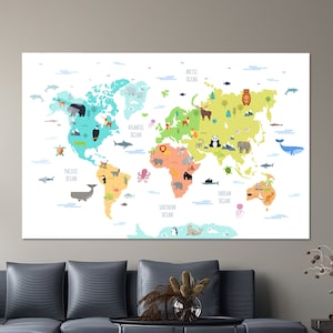 Glas Individuell für Kunst, Segeltuchglaskunst, Wanddekor, Kinderkarte Wandkunst, Weltkarte Glaswandkunst, Tierkarte gehärtetem Glas,