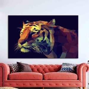 Arte de animales de Safari, cartel de animales geométricos, cartel abstracto, arte de animales de polígono, tigre abstracto impreso, lienzo de arte de vida silvestre,